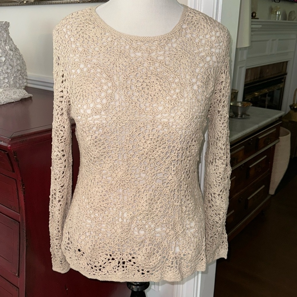 Lace Knit Tan, Silk & Rayon Lightweight Sweater